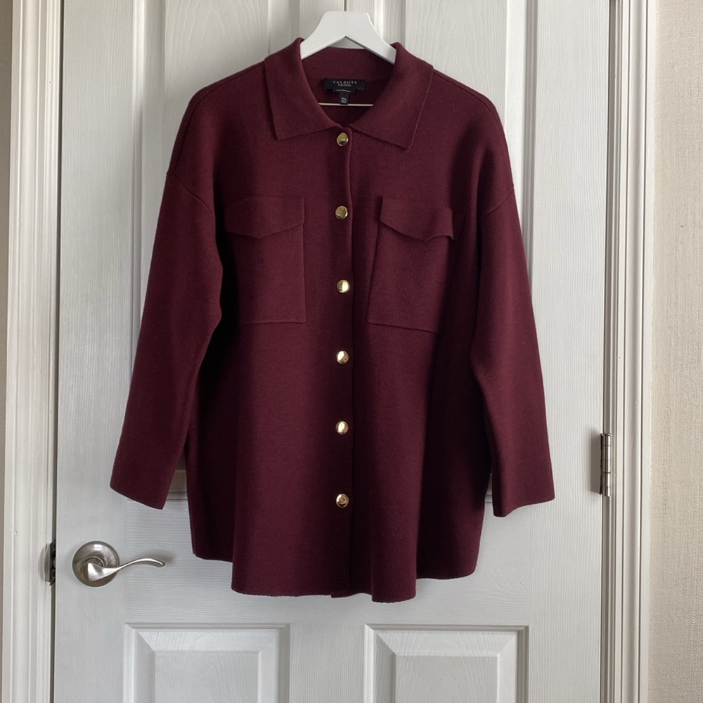 Talbots Womens Burgundy Merino Wool Sweater Jacket w/ Snap Buttons Size 2XP